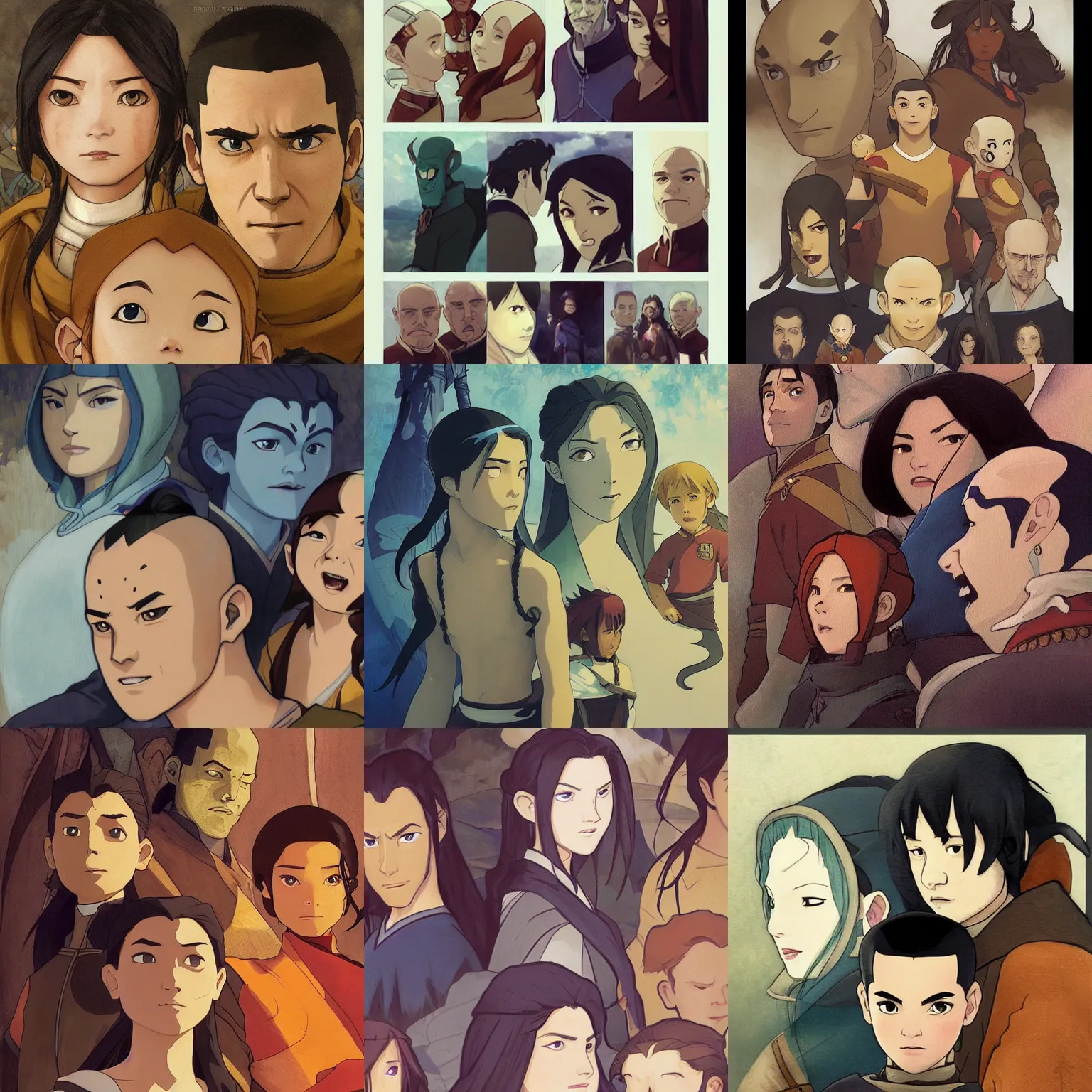 Prompt: a cinematic portrait of a beautiful family photograph close up moment of Avatar the last airbender characters, portrait, Klaus film, digital painting, artstation, concept art, illustration, Frozen II art masterpiece by art by Krenz Cushart, Artem Demura, alphonse mucha, yoji shinkawa, ArtGerm, Jon Lothian, Danilo Torres, Adi Meyers, Thomas Reimann, Gaston Bussiere