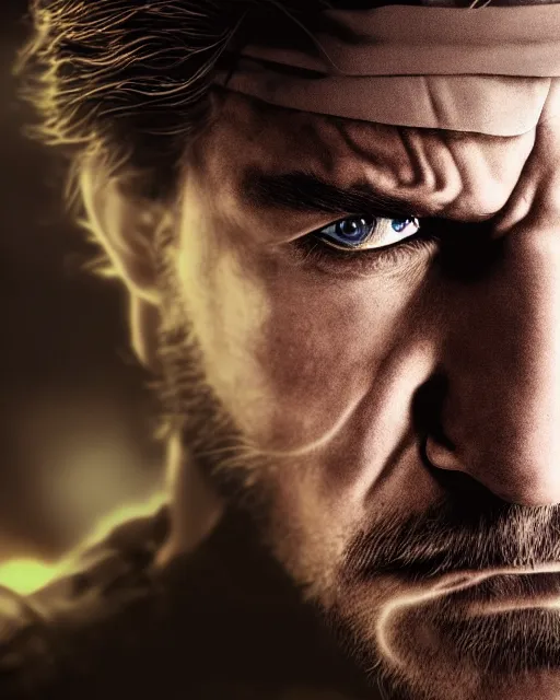 Image similar to solid snake portrait, cinematic lighting, anguished depressed facial expression, black atmospheric background, 4 k photography hdr