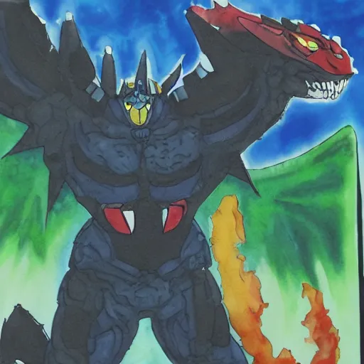 Prompt: voltron fighting Godzilla, watercolor painting