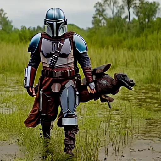 Image similar to mandalorian carrying grogu through swamp, stunning cinematography, light diffusion