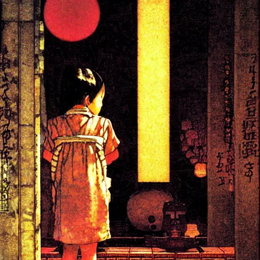 Image similar to Chihiro in a dark temple by Norman Rockwell