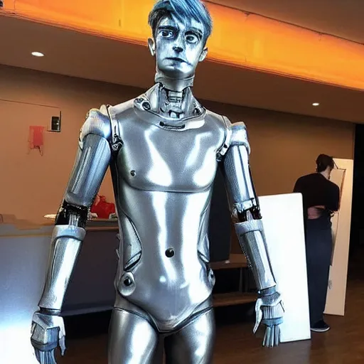 Image similar to “a realistic detailed photo of a guy who is an attractive humanoid who is half robot and half humanoid, who is a male android, twitch streamer Ninja Tyler Blevins, shiny skin, posing like a statue, blank stare”