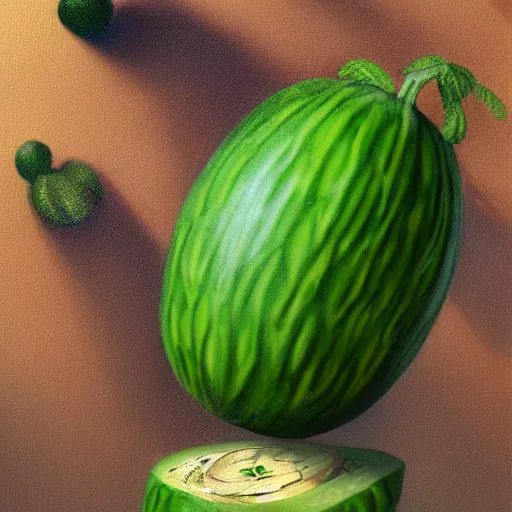 Prompt: a beautiful matte painting of a larry the cucumber, by steve argyle and mark arian