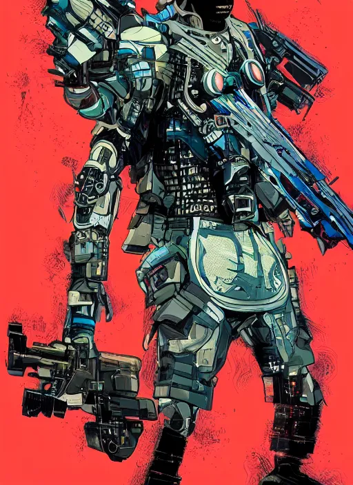 Image similar to chidi igwe. futuristic cyberpunk mercenary in sleek combat gear. portrait illustration, pop art, splash painting, art by geof darrow, ashley wood, alphonse mucha, makoto shinkai