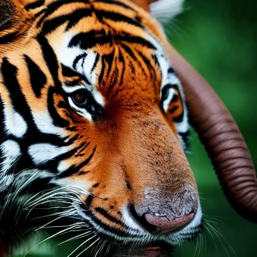 Image similar to portrait photo still of tiger with an elephant trunk!!!. 8 k, 8 5 mm f 1. 8