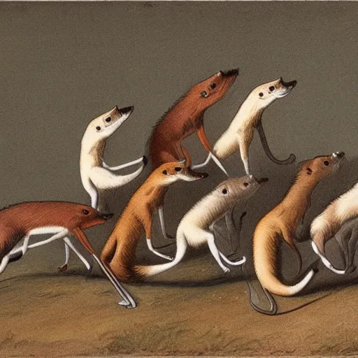 Image similar to group of long necked fox wolf rats wearing coats, by george stubbs