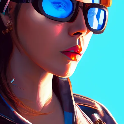 Image similar to closeup painting of a very beautiful young mexican cyberpunk woman, wearing light blue shutter shades and a dark brown leather jacket, one side haircut, long brown hair with light blue ends, portrait, hyperdetailed, artstation, cgsociety, 8 k, synthwave by tangerine dream