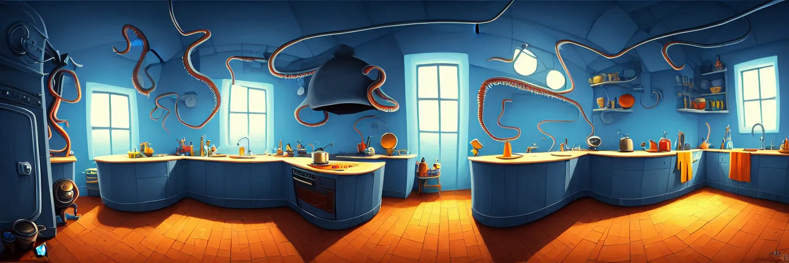 Prompt: dark palette, fisheye spiral lines, naive, extra narrow, detailed illustration of a kitchen, large floor, octopus shaped by rhads from lorax movie, trending artstation, dark blue