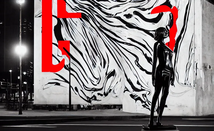 Image similar to night time photo of billboard advertisement of extremely beautiful female black marble statue in the style of virgil abloh, colorful motocross logos behind her, sharp focus, clear, detailed, cinematic, detailed, off white, glamourous, symmetrical, vogue, editorial, fashion, magazine shoot, glossy