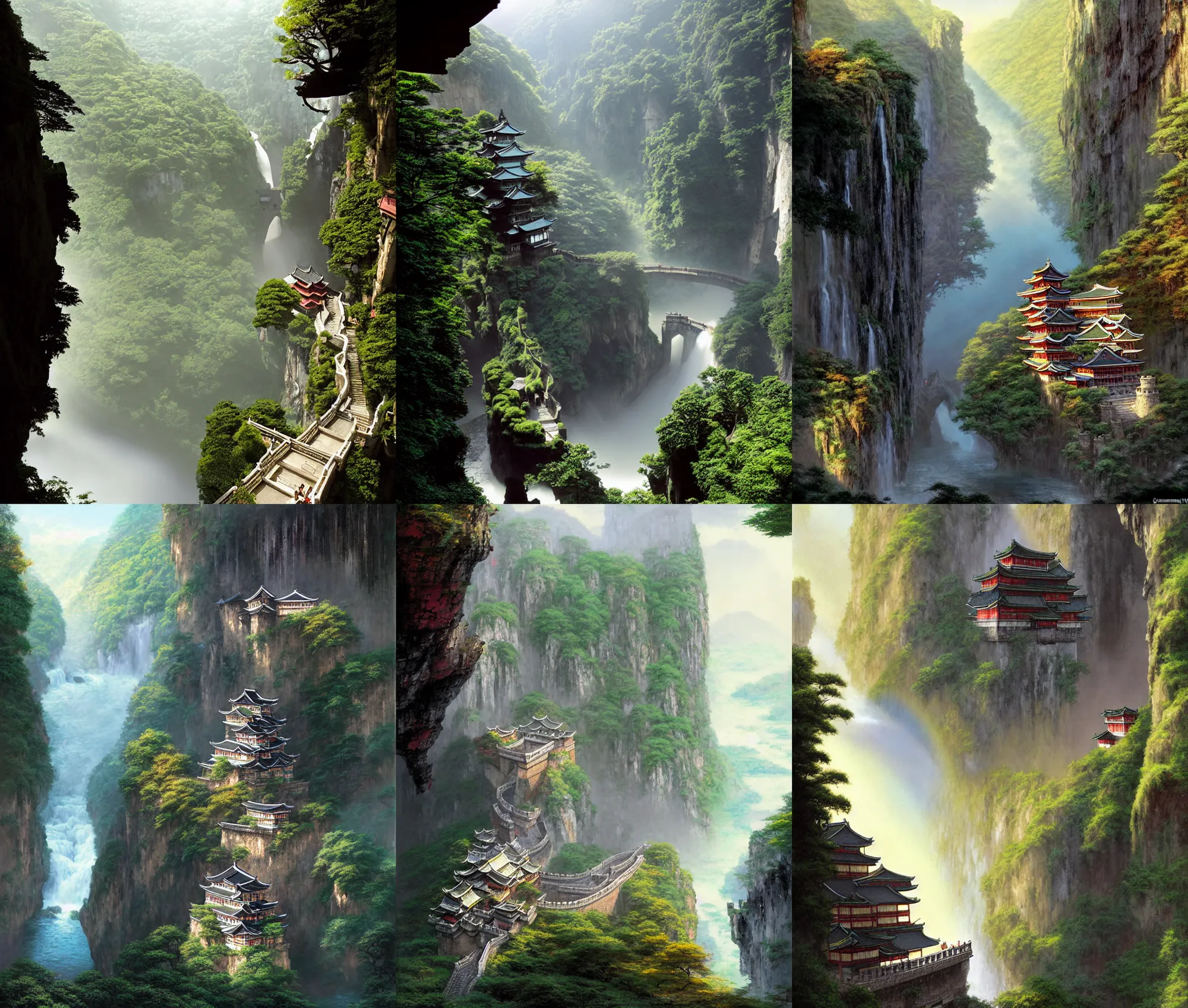 Prompt: establishing wide shot inside han son doong with waterfalls on either side of the cliff walls, at the top of the cliff is a japanese castle, a cloister is built into the cliff walls, an old suspension bridge spans the walls, sunny morning light, sunbeam, saturated colors, detailed digital concept art by greg rutkowski and gerald brom and james gurney