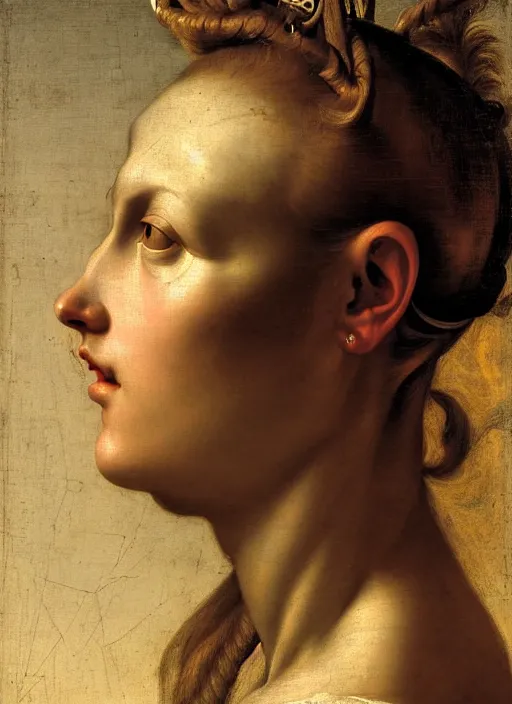 Image similar to a stunning young female cyborg profile face, by annibale carracci, by caspar david friedrich, glamor shot, nikon d 7 5 0, closeup, f / 2. 8, low contrast, 1 6 k, rim lighting, optical fiber, cinematic lighting, insanely detailed and intricate, hypermaximalist, elegant, ornate, hyper realistic