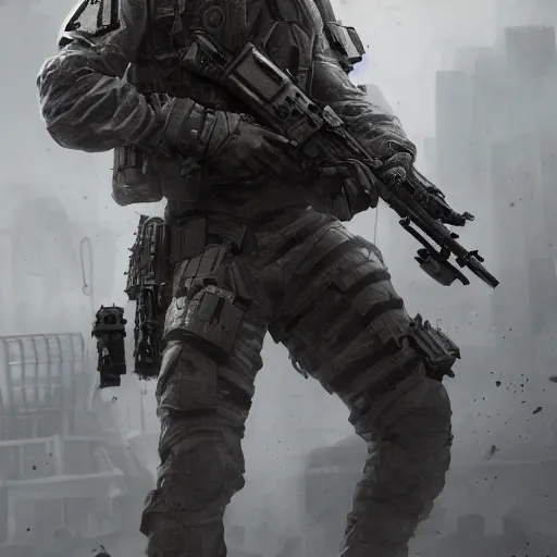 Image similar to Dying Mercenary Special Forces soldier in grey uniform with black armored vest in a battlefield 2020, combat photography by Feng Zhu, highly detailed, excellent composition, cinematic concept art, dramatic lighting, trending on ArtStation