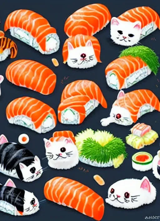 Image similar to clear photorealistic picture of adorable cats made out of sushi