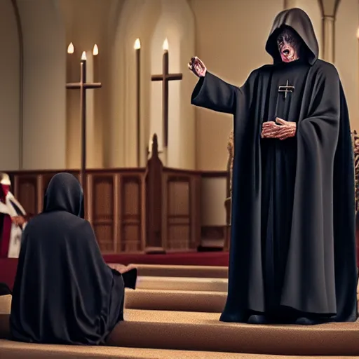 Image similar to emperor palpatine preaching to people at church, 8k cinematic lighting, very sharp detail, anatomically correct