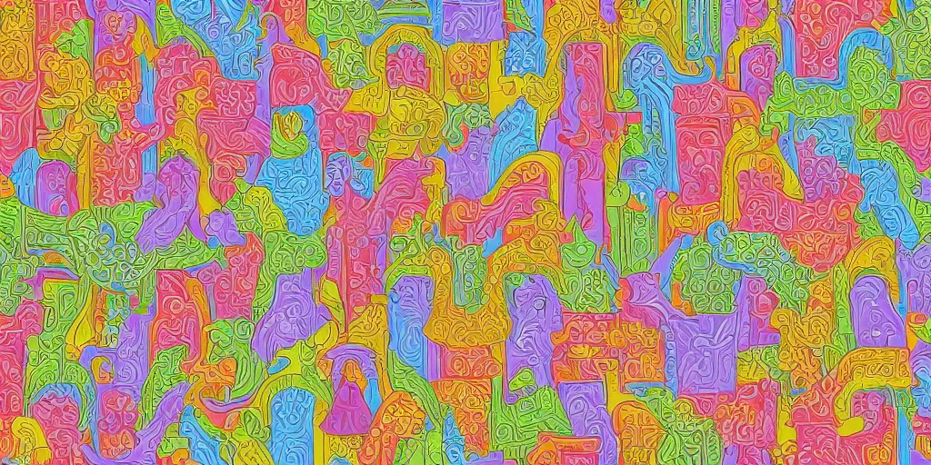 Image similar to seamless pattern of large colorful 4 arces in escher style horizontal multilayers