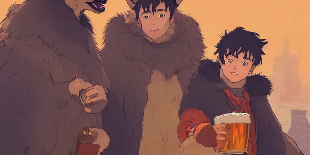 Image similar to a two german shepherds beast - men, holding a mug of beer, a lot of pockets, fur cape, tavern background, magical, bright, colorful, fantastic lighting, amazing details, 4 k uhd, illustration by hayao miyazaki and makoto shinkai and ilya kuvshinov, artstation, pixiv,