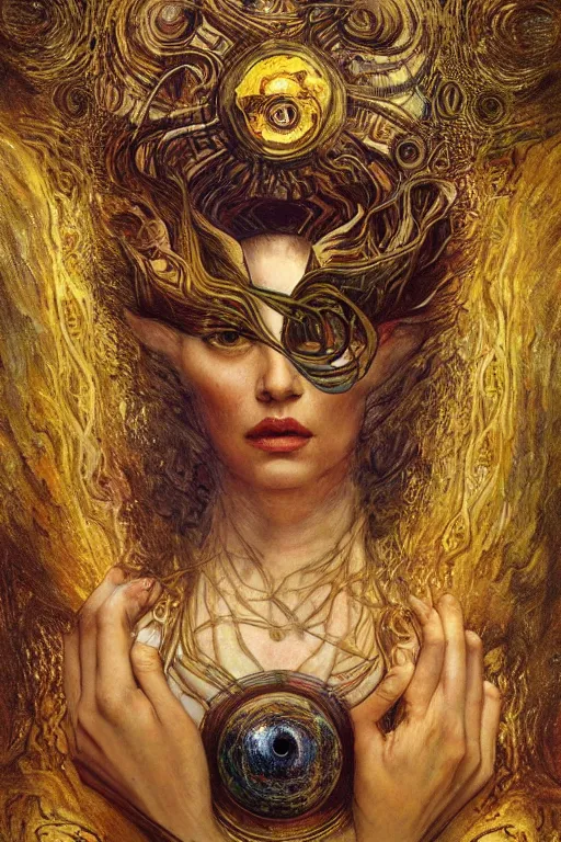 Prompt: Intermittent Chance of Chaos Muse by Karol Bak, Jean Deville, Gustav Klimt, and Vincent Van Gogh, beautiful surreal portrait, enigma, Loki's Pet Project, destiny, fate, inspiration, muse, otherworldly, fractal structures, arcane, ornate gilded medieval icon, third eye, spirals