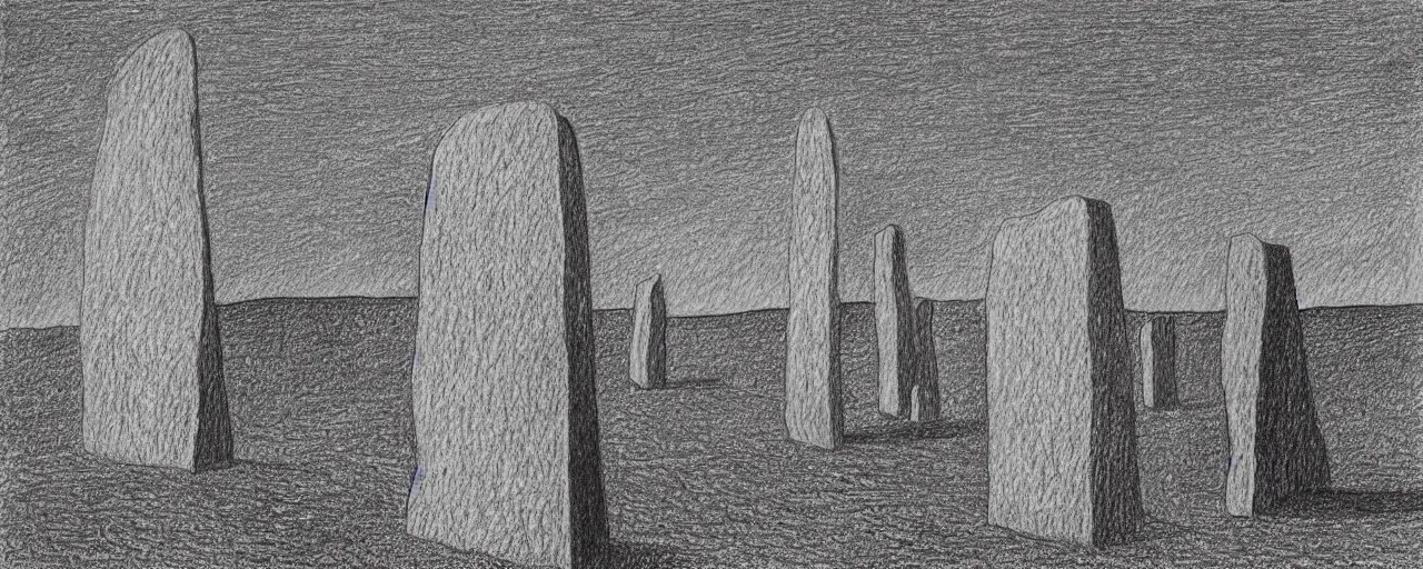 Image similar to A drawing of The grim reaper stands large in front of neolithic standing stones of stenness, by Sol LeWitt