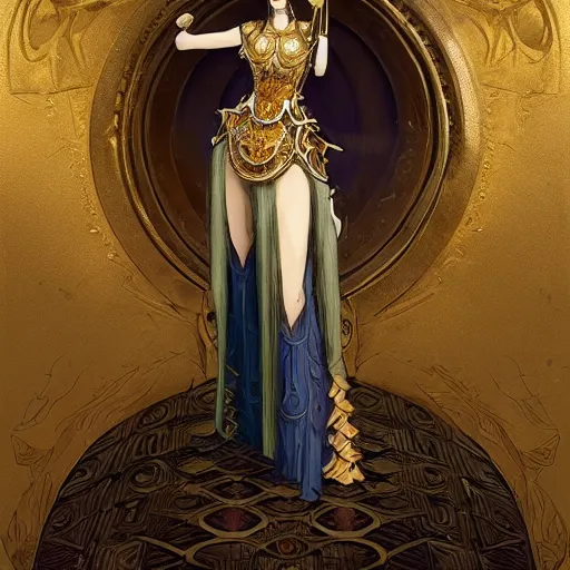 Prompt: concept art of beautiful aristocrat wearing rococo byzantine outfit inside bronze art deco arcology, science fiction concept art by j. c. leyendecker, greg rutkowski, deak ferrand, anato finnstark, and rembrandt