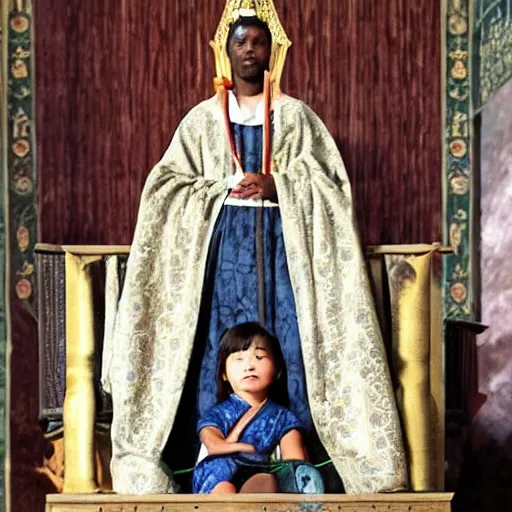 Image similar to on the throne sits a 7 - year - old child who is actually an 8 0 0 - year - old immortal king who is powerful and confident.