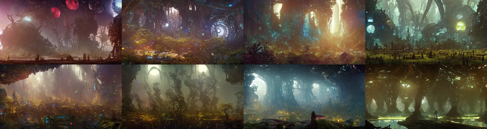 Prompt: Cybernetic space forest scene in a giant Aztec space city, fantasy, two moons lighting, intricate details ,deep colours, by denis villeneuve, Ridley Scott, Greg Rutkowski and Alphonse Mucha