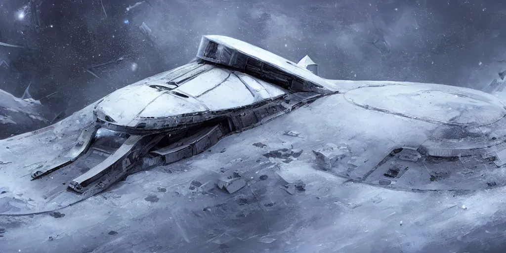 Image similar to remnants of an old spaceship in snow, artstation