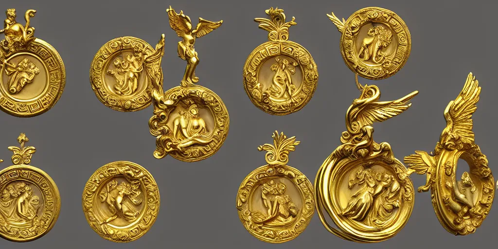 Image similar to Venus Athena beautiful gracious pagans baroque marble and gold medallions in space clouds winged angels greeks, baroque and rococo ornaments, decorative golden elements, ultrarealistic