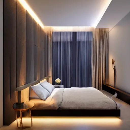 Prompt: luxurious bedroom at night, highly detailed, light coming from door