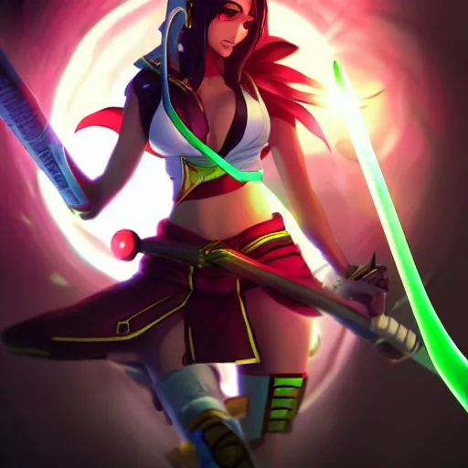 Image similar to Akali from league of legends anime, digital art, beautiful composition, amazing colours, atmospheric, lens flares, sun rays, award winning