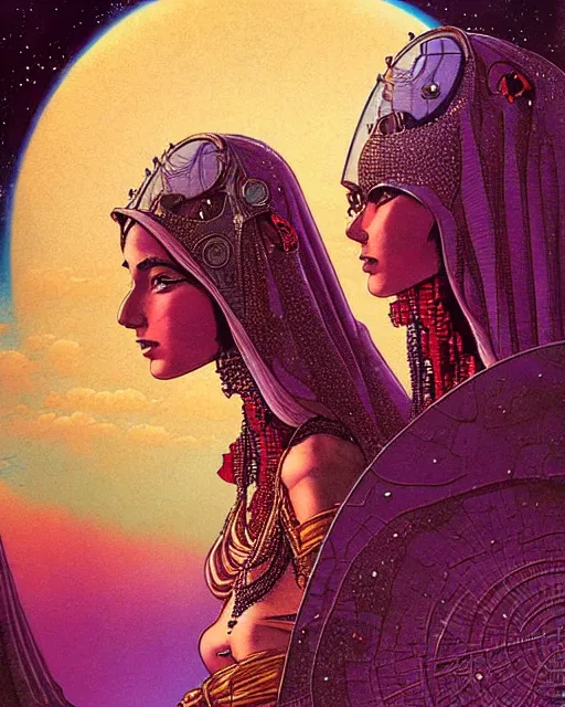 Image similar to arab princess, character portrait, portrait, close up, concept art, intricate details, highly detailed, vintage sci - fi poster, in the style of chris foss, rodger dean, moebius, michael whelan, and gustave dore