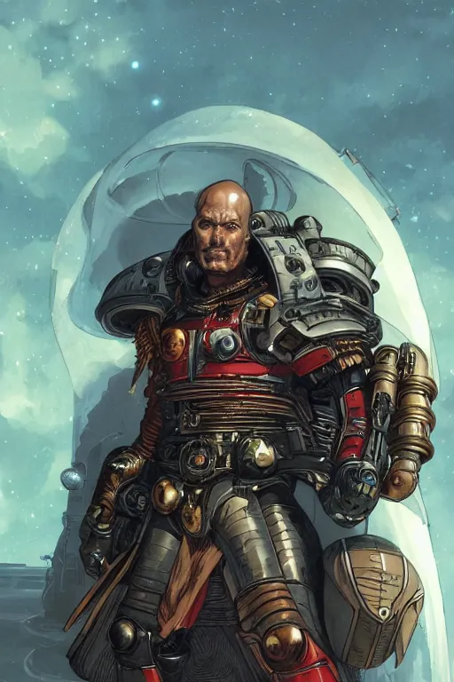 Prompt: Portrait of space pirate warrior near spaceship, metabaron, highly detailed, digital painting, artstation, concept art, smooth, sharp focus, illustration, art by Juan Giménez and moebius