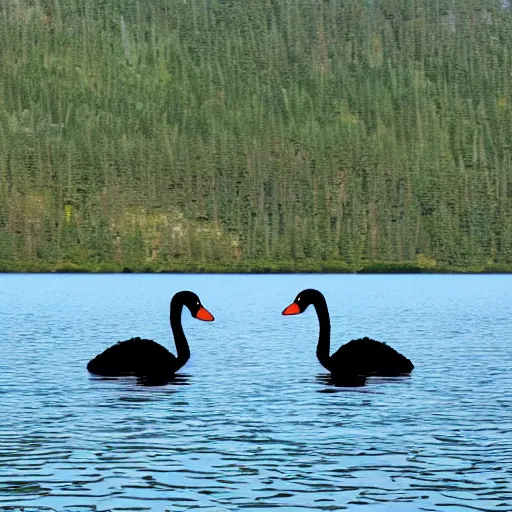 Image similar to photo of two black swans touching heads making a heart with their necks, in a beautiful reflective mountain lake, a colorful hot air balloon is reflecting off the water