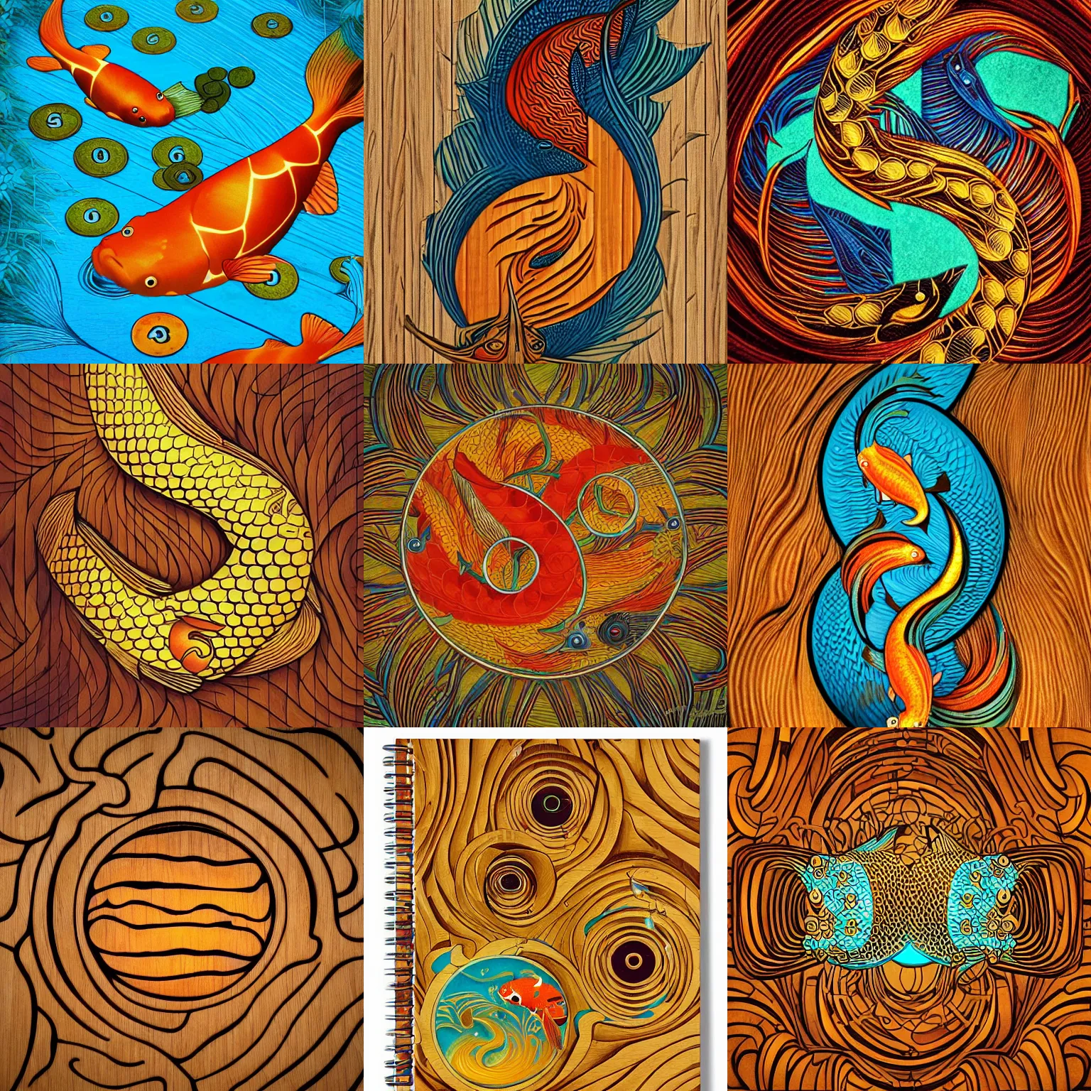 Prompt: koi fishes, fibonacci, golden ratio, sacred numbers, by audrey kawasaki, by loish, barbbara cannepa global illumination, cool colors, wood texture on top, unreal engine