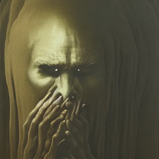 Image similar to priest by Zdzisław Beksiński, oil on canvas