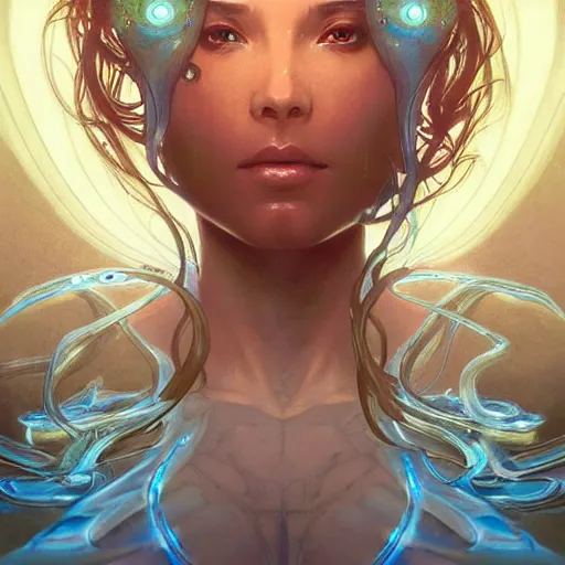 Image similar to cyborg, female, fantasy, bioluminiscence, flowing hair, portrait, highly detailed, digital painting, beautiful eyes, symmetry, concept art, sharp focus, illustration, art by artgerm and greg rutkowski and magali villeneuve and ilya kuvshinov! : : alphonse mucha : : - 0. 2