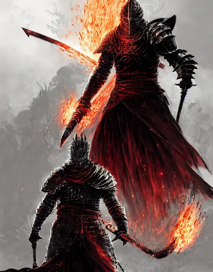 Image similar to illustration of the soul of cinder from Dark Souls 3 (a warrior in heavy iron armor that burns with eternal flame) wielding a burning sword, dark souls 3 artwork, art by greg rutkowski, art by craig mullins, art by Masanori Warugai, art by Yoshitaka Amano