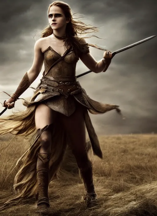 Image similar to hyper realistic photo of warrior princess emma watson, full body, rule of thirds, cinematic,