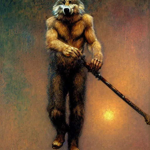 Image similar to a male boarman wolf man wearing a shirt and pants furry arms furry body walking stick new york. furaffinity furry art detailed face painting by gaston bussiere craig mullins jc leyendecker gustav klimt artgerm greg rutkowski furry