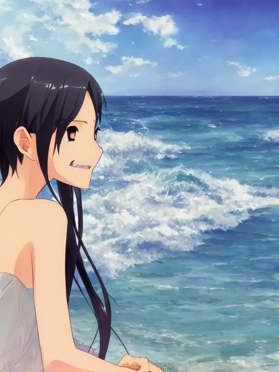 Prompt: Portrait of a happy anime woman on the beach near the ocean, by makoto shinkai