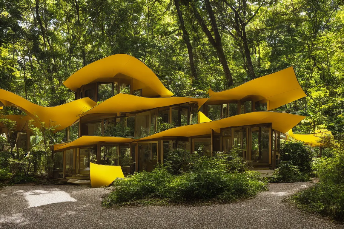 Image similar to a mid century modern house in a forest, designed by Frank Gehry. Tiles. Small gravel driveway . Film grain, cinematic, yellow hue