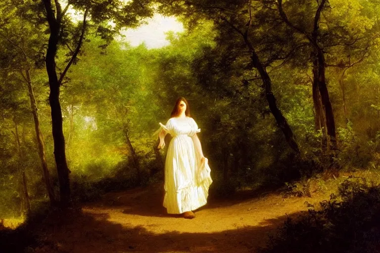 Prompt: scenic western painting of a woman in a traditional white dress walking through a forest river, horses, radiant light, oil on canvas, albert bierstadt