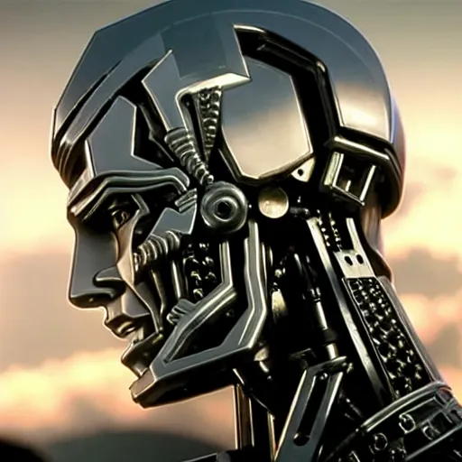 Image similar to cinematic still from westworld and real steel, very close shot of intricate ornate armored core head by fujioka kenki and by mamoru nagano,