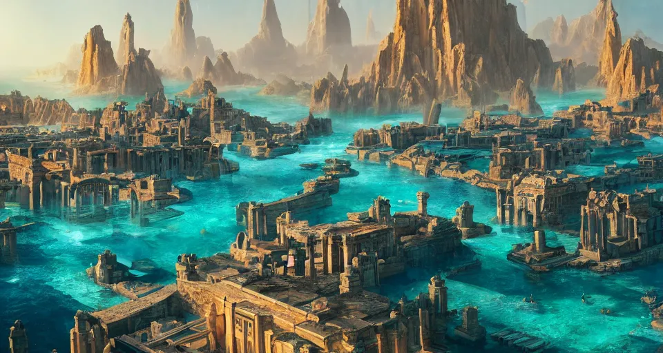 Prompt: ancient city of atlantis with big buildings in gold, asgard, ocean, fantasy, magical, cinematic, establishing shot, eye level, wide angle, epic scale, raytracing, volumetric lighting, extremely detailed, sharp focus, coherent, amr elshamy, filip hodas, brian miller