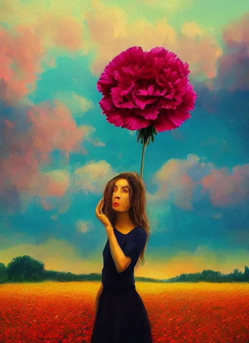 Image similar to portrait of a woman, face made of giant carnation, flower field, surreal photography, sunset dramatic light, impressionist painting, colorful clouds, large sky, digital painting, artstation, simon stalenhag