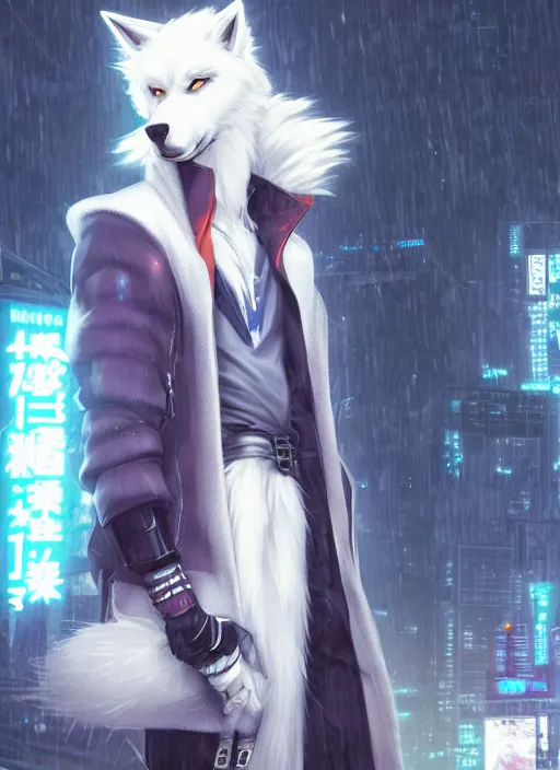 Image similar to character portrait of a male anthro white wolf fursona with a tail and a cute beautiful attractive furry face wearing stylish cyberpunk clothes in a cyberpunk city at night while it rains. hidari, color page, tankoban, 4K, tone mapping, Akihiko Yoshida.