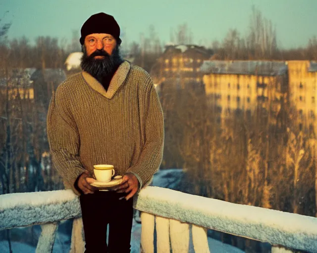 Image similar to lomographic tarkovsky film still of 4 0 years russian man with beard and sweater standing on small hrushevka 9 th floor balcony with cup of tea in winter taiga looking at sunset, cinestill, bokeh