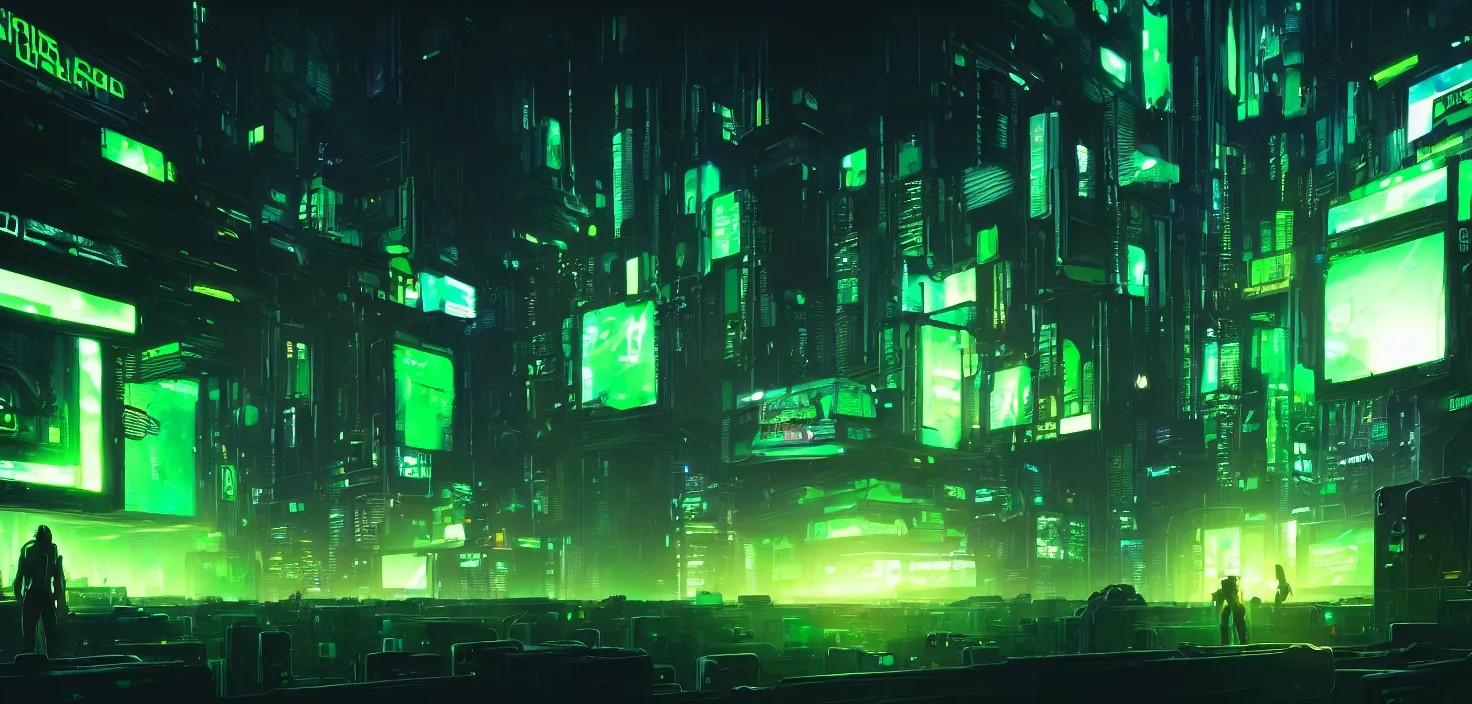 Prompt: a wall of monitors glowing green, cyberpunk background, cinematic view, detailed, vector art, high detail, warm lighting, volumetric, godrays, vivid, beautiful, trending on artstation, by jordan grimmer, huge scene, grass, art greg rutkowski