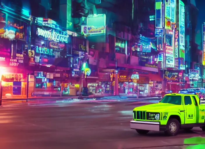 Prompt: a film still of a tonka truck driving through a neon green city at night, cinematic