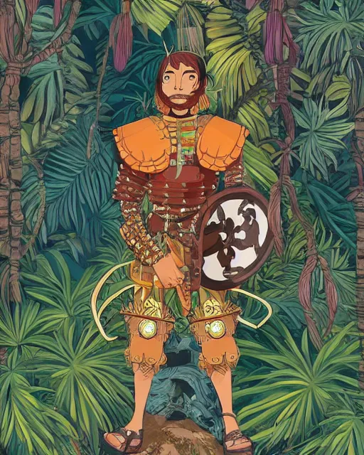 Prompt: 2d illustration of a spanish conquistador wearing ornate armor in a dense jungle, art by nicola saviori and studio ghibli, spirited away color scheme, anatomy, face, symmetric, trending on artstation, cgsociety