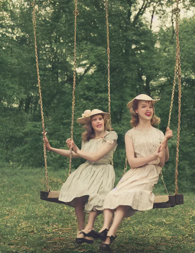 Prompt: two girls in vintage dresses happily swing on hanging swings in the forest, motion photo, Cottage core, Cinematic focus, Polaroid photo, vintage, neutral colors, soft lights, foggy, by Steve Hanks, by Serov Valentin, by lisa yuskavage, by Andrei Tarkovsky, by Terrence Malick, by Krenz Cushart, 8k render, detailed, oil on canvas